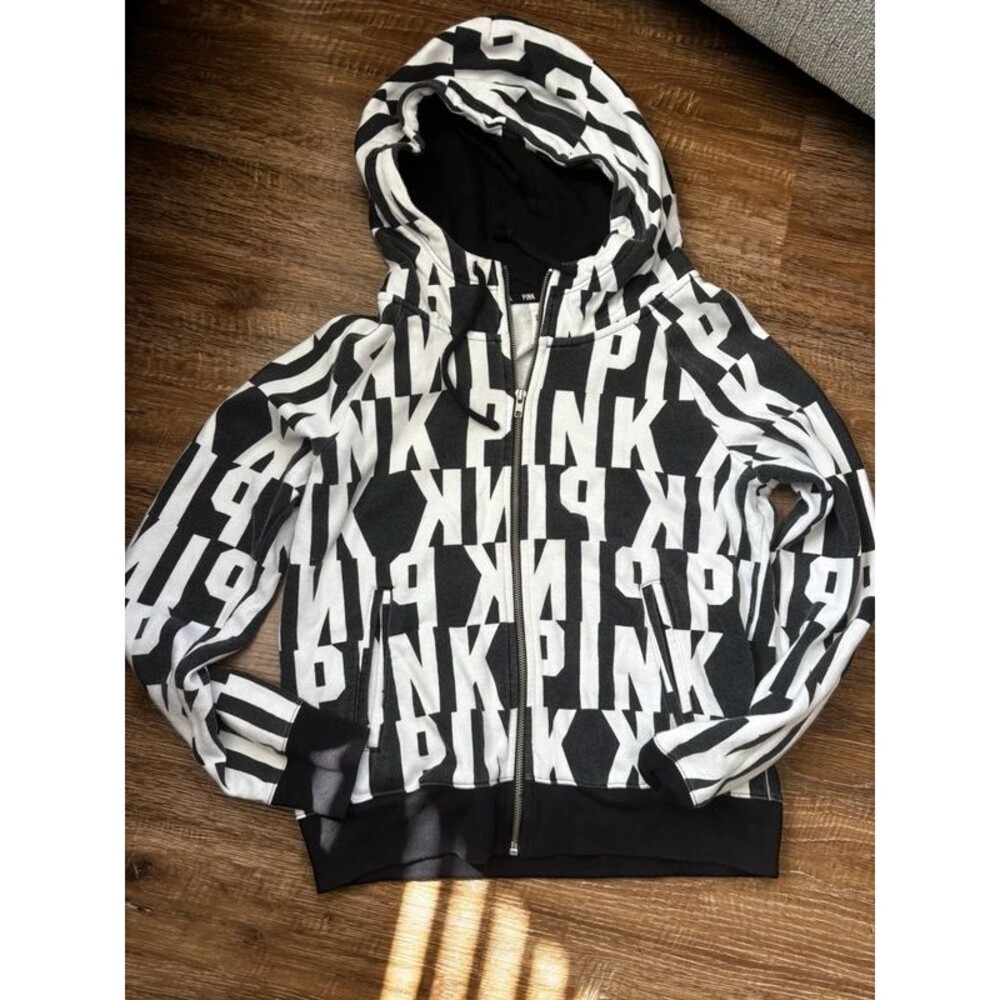 Victoria’s secrete pink black and white logo zip hoodie M